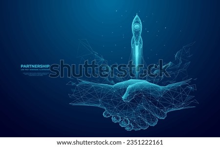 Abstract handshake and rocket launch. The digital conception of the best deals and start-up. Partnership or investment concept. Low poly wireframe vector illustration on technology blue background.