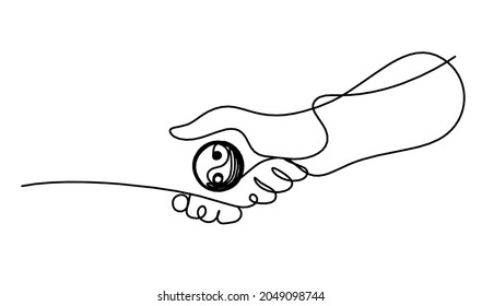 Abstract handshake and sign in yang as line drawing on white background. Vector