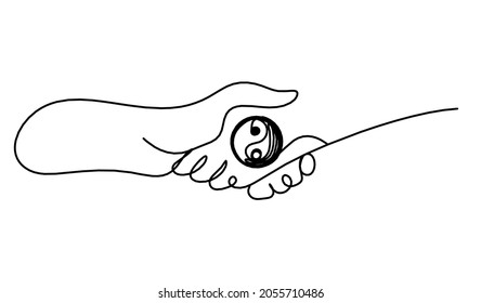 Abstract handshake and sign in yang as line drawing on white background. Vector