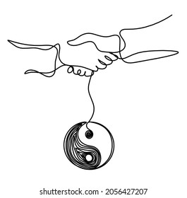 Abstract handshake and sign in yang as line drawing on white background. Vector