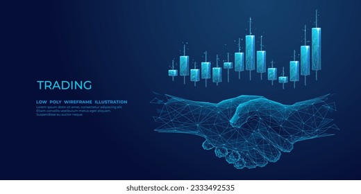 Abstract handshake and stock market candlestick. Digital trading and investment concept. Growing graph chart.  Low Poly wireframe vector illustration on blue technological background. Best deal symbol