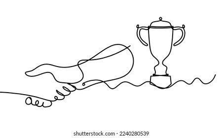 Abstract handshake with trophy as line drawing on white background. Vector