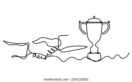 Abstract handshake with trophy as line drawing on white background. Vector