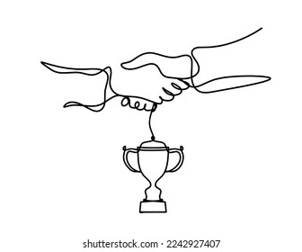 Abstract handshake with trophy as line drawing on white background. Vector