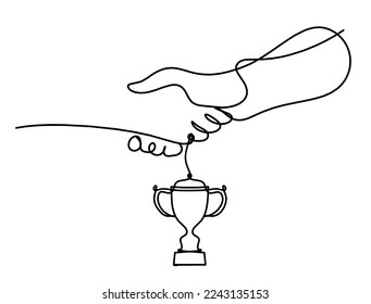 Abstract handshake with trophy as line drawing on white background. Vector