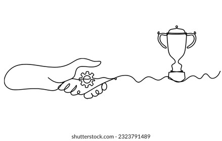 Abstract handshake and trophy as line drawing on white background. Vector
