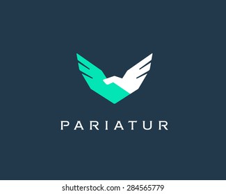 Abstract handshake, wings vector logo . Delivery, business, cargo, success, money, deal, contract, team, cooperation symbol icon. Corporate financial sign.