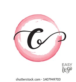 Abstract handwritten calligraphy letter C logo design template. Universal icon. Pink watercolour circle on background. 