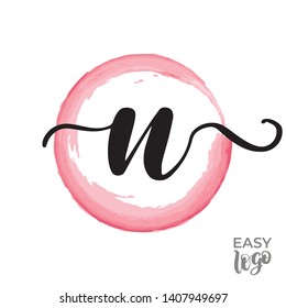 Abstract handwritten calligraphy letter N logo design template. Universal icon. Pink watercolour circle on background. 