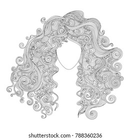 Abstract handwritten lady haircut, vector. Lady's face with long curling hair. Decorative fashion background