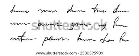 Abstract handwritten text with strikethrough and circled words. Unreadable handwritten text. Vector illustration of illegible font isolated on white background.	
