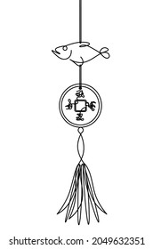 Abstract hanging chinese coin with abstract doodle hieroglyphs as continuous lines drawing on white background. Vector