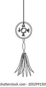 Abstract hanging chinese coin with abstract doodle hieroglyphs as continuous lines drawing on white background. Vector