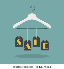 Abstract hanging SALE tags banners on clothing hanger icon with drop shadow on teal background