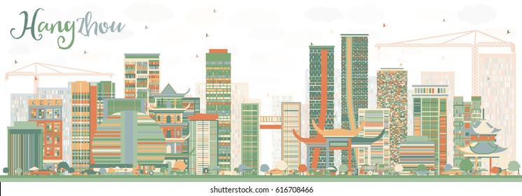Abstract Hangzhou Skyline with Color Buildings. Vector Illustration. Business Travel and Tourism Concept with Modern Architecture. Image for Presentation Banner Placard and Web Site.