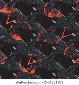 Patrón brillante caótico abstracto con elementos de grunge, salpicaduras de pintura, puntos. Para ropa deportiva, textiles. Fondo de grunge para niños

