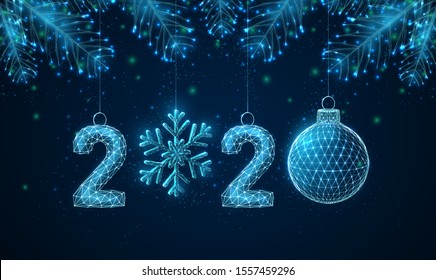 Abstract Happy 2020 New Year greeting card with fit tree branches. Low poly style design. Abstract geometric background. Wireframe light connection structure. Modern 3d graphic concept. Isolated vecto