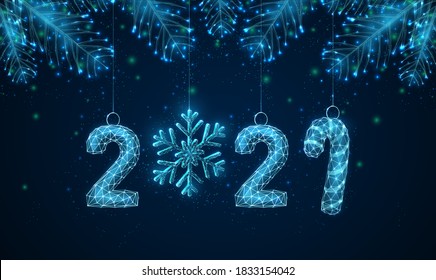 Abstract Happy 2021 New Year greeting card with fit tree branches. Low poly style design. Abstract geometric background Wireframe light structure Modern 3d graphic concept Isolated vector illustration
