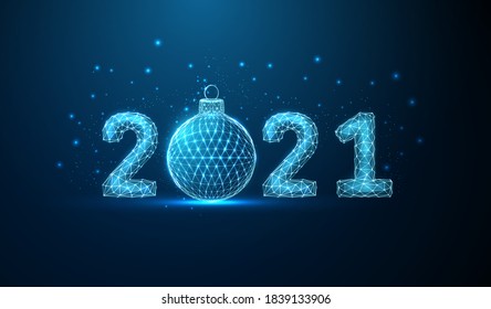 Abstract Happy 2021 New Year greeting card with Christmas ball. Low poly style design. Abstract geometric background. Wireframe light structure. Modern 3d graphic concept. Isolated vector illustration