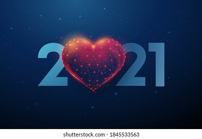 Abstract Happy 2021 New Year greeting card with heart shape. Low poly style design. Abstract geometric background. Wireframe light structure. Modern 3d graphic concept. Isolated vector illustration