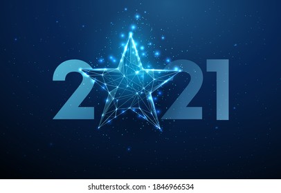 Abstract Happy 2021 New Year greeting card with blue star. Low poly style design. Abstract geometric background. Wireframe light structure. Modern 3d graphic concept. Isolated vector illustration