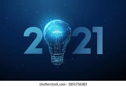Abstract Happy 2021 New Year greeting card with light bulb. Low poly style design. Abstract geometric background. Wireframe light structure. Modern 3d graphic concept. Isolated vector illustration