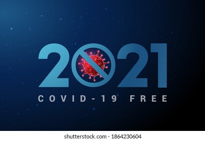 Abstract Happy 2021 New Year greeting card with coronavirus. Low poly style design. Abstract geometric background. Wireframe light structure. Modern 3d graphic concept. Isolated vector illustration