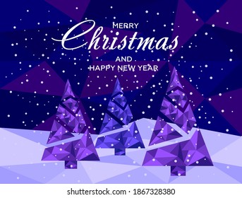 Abstract Happy 2021 New Year greeting card with Christmas tree. Low poly style design. Abstract geometric background. Wireframe light structure. Isolated vector illustration