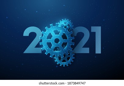 Abstract Happy 2021 New Year greeting card with cogwheel. Low poly style design. Abstract geometric background. Wireframe light structure. Modern 3d graphic concept. Isolated vector illustration.