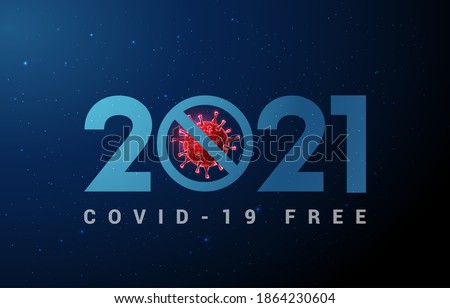 Abstract Happy 2021 New Year greeting card with coronavirus. Low poly style design. Abstract geometric background. Wireframe light structure. Modern 3d graphic concept. Isolated vector illustration
