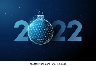 Abstract Happy 2022 New Year greeting card with Christmas ball. Low poly style design. Abstract geometric background. Wireframe light structure. Modern 3d graphic concept. Isolated vector illustration