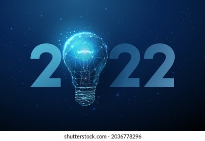 Abstract Happy 2022 New Year greeting card with light bulb. Low poly style design. Abstract geometric background. Wireframe light structure. Modern 3d graphic concept. Isolated vector illustration