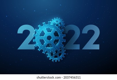 Abstract Happy 2022 New Year greeting card with cogwheel. Low poly style design. Abstract geometric background. Wireframe light structure. Modern 3d graphic concept. Isolated vector illustration.