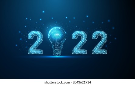 Abstract Happy 2022 New Year greeting card with light bulb. Low poly style design. Abstract geometric background. Wireframe light structure. Modern 3d graphic concept. Isolated vector illustration