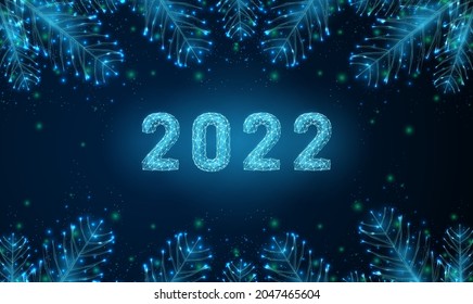 Abstract Happy 2022 New Year greeting card with fit tree branches. Low poly style design. Abstract geometric background. Wireframe light connection structure. Modern 3d graphic concept. Vector