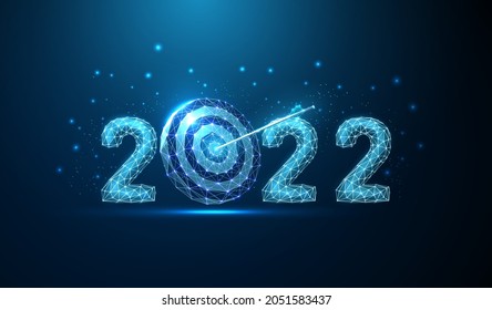 Abstract Happy 2022 New Year greeting card with arrow achieved in center of darts board. Low poly style. Abstract geometric background. Wireframe light structure. Modern 3d graphic concept. Vector