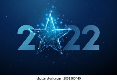 Resumen Feliz 2022 tarjeta de felicitación de Año Nuevo con estrella azul. Diseño de bajo estilo polaco. Fondo geométrico abstracto. Estructura de la luz del bastidor de cables. Concepto gráfico 3d moderno. Ilustración vectorial aislada