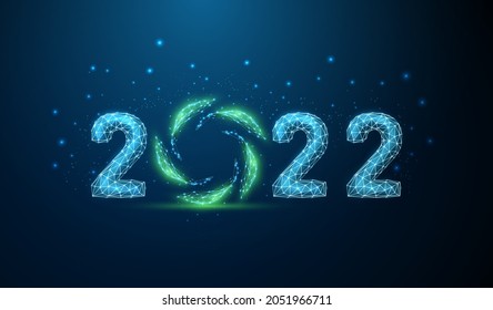 Abstract Happy 2022 New Year greeting card with green leafs in circle. Low poly style design. Abstract geometric background. Wireframe light structure. Modern 3d graphic ecology concept. Vector.