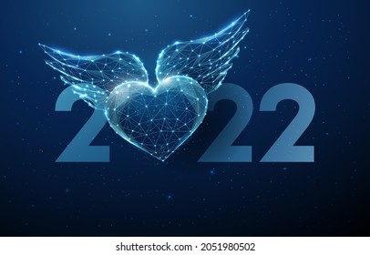 Abstract Happy 2022 New Year greeting card with flying blue heart with wings. Low poly style design. Abstract geometric background. Wireframe light structure. Modern 3d graphic concept. Vector.
