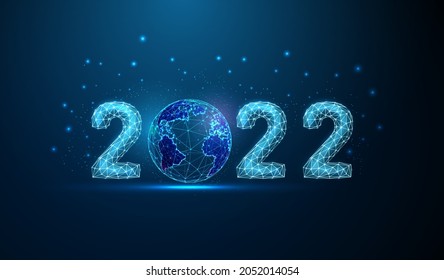 Abstract Happy 2022 New Year greeting card with planet. Low poly style design. Abstract geometric background Wireframe light connection structure Modern 3d graphic concept Isolated vector illustration