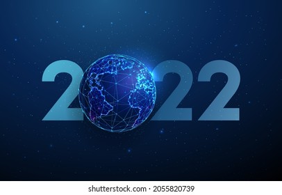 Abstract Happy 2022 New Year greeting card with planet. Low poly style design. Abstract geometric background Wireframe light connection structure Modern 3d graphic concept Isolated vector illustration