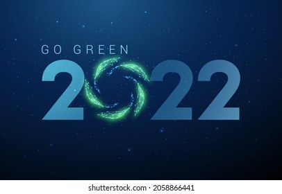 Abstract Happy 2022 New Year greeting card with green leafs in circle. Low poly style design. Abstract geometric background. Wireframe light structure. Modern 3d graphic ecology concept. Vector.