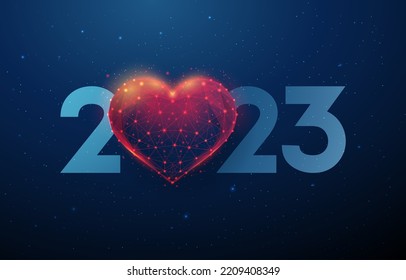 Abstract Happy 2023 New Year greeting card with heart shape. Low poly style design. Abstract geometric background. Wireframe light structure. Modern 3d graphic concept. Isolated vector illustration