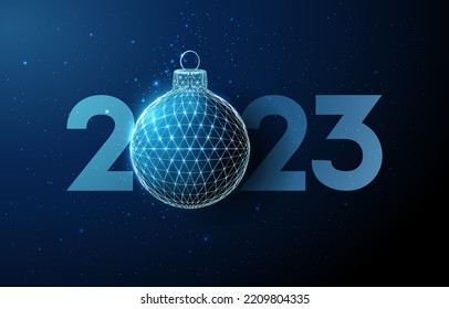 Abstrakter Glückwunsch 2023 Neujahrskarte mit Weihnachtsball. Low-Poly-Design. Abstrakter geometrischer Hintergrund. Lichtstruktur des Wireframe-Systems. Modernes 3D-Grafikkonzept. Einzelne Vektorgrafik