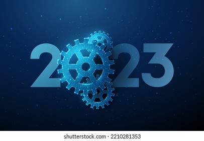 Abstract Happy 2023 New Year greeting card with cogwheel. Low poly style design. Abstract geometric background. Wireframe light structure. Modern 3d graphic concept. Isolated vector illustration.