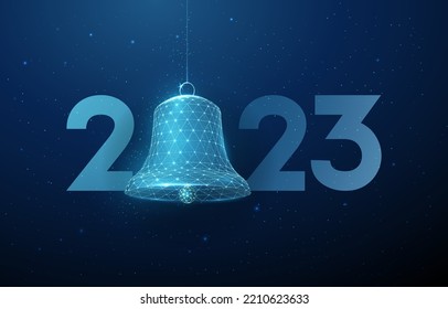 Abstract Happy 2023 New Year greeting card with bell. Low poly style design. Abstract geometric background Wireframe light connection structure Modern 3d graphic concept Isolated vector illustration