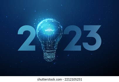 Abstract Happy 2023 New Year greeting card with light bulb. Low poly style design. Abstract geometric background. Wireframe light structure. Modern 3d graphic concept. Isolated vector illustration