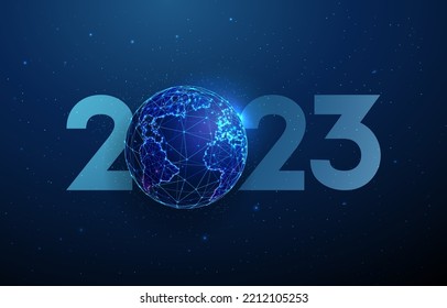 Abstract Happy 2023 New Year greeting card with planet. Low poly style design. Abstract geometric background Wireframe light connection structure Modern 3d graphic concept Isolated vector illustration