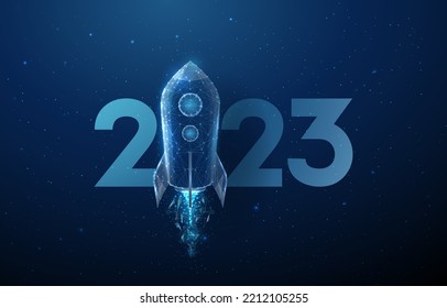 Abstract Happy 2023 New Year greeting card rocket launch. Low poly style design. Abstract geometric background. Wireframe light structure. Modern 3d graphic concept. Isolated vector illustration.