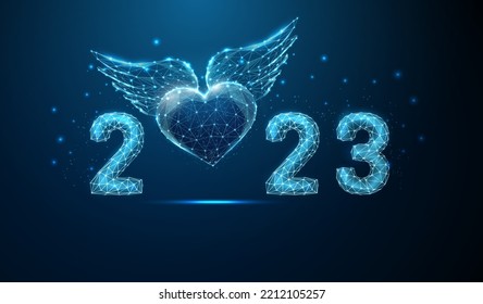 Abstract Happy 2023 New Year greeting card with flying blue heart with wings. Low poly style design. Abstract geometric background. Wireframe light structure. Modern 3d graphic concept. Vector.